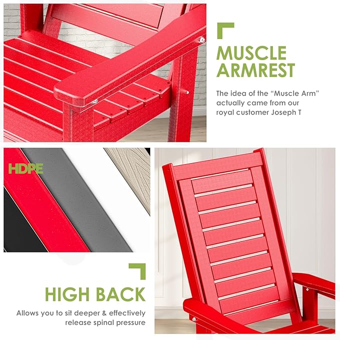 GREENVINES Outdoor Rocking Chairs | Set of 4 | Porch Rocker | HDPE Plastic | Red | Oversized Rockers | High Back | Big & Tall | Ladder Back | for Patio Outside Backyard Balcony Garden