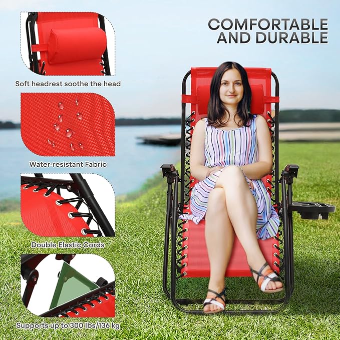 Athena Collection Zero Gravity Chair, Outdoor Lounge Chair with Adjustable Pillow and Cup Holder, Reclining Camping Chair for Outside Beach Lawn Garden Patio Poolside Set of 2-Red