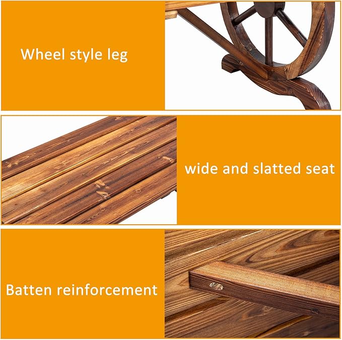 Outvita Wooden Garden Bench, Outdoor Rustic Wagon Wheel Bench with Carbonized Finish & Fir Construction for Garden Porch Backyard Patio Park, Seats 2 Person Brown