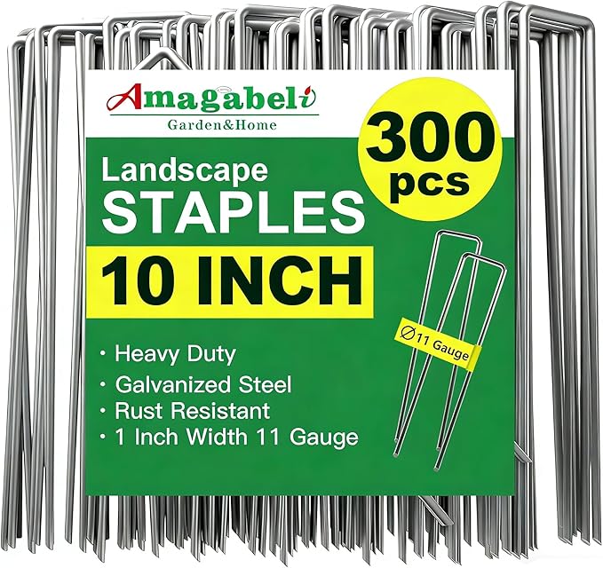 AMAGABELI GARDEN & HOME 300 Pack Galvanized Landscape Staples 10 Inch 11 Gauge Garden Staples Garden Stakes Plant Cover Stakes U-Shaped Landscape Stakes Landscape Pins for Weed Barrier Fabric