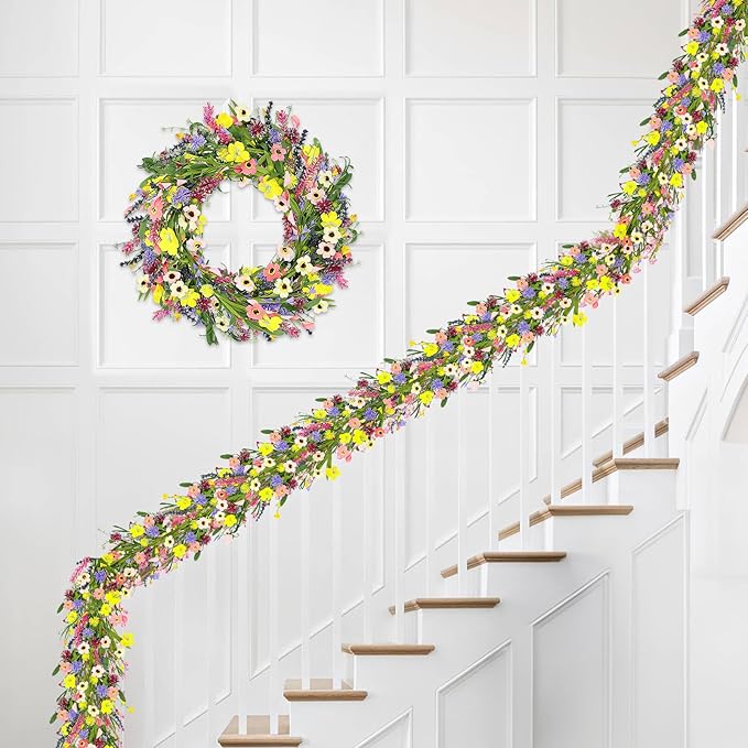 2Pcs 6 ft Artificial Wildflower Garlands Wisteria Lavender Garland Daisy Lavender Faux Floral Vine Summer Spring Floral Fake Wreath All Year Round Home Decor for Indoor Outdoor Home Wedding Arch