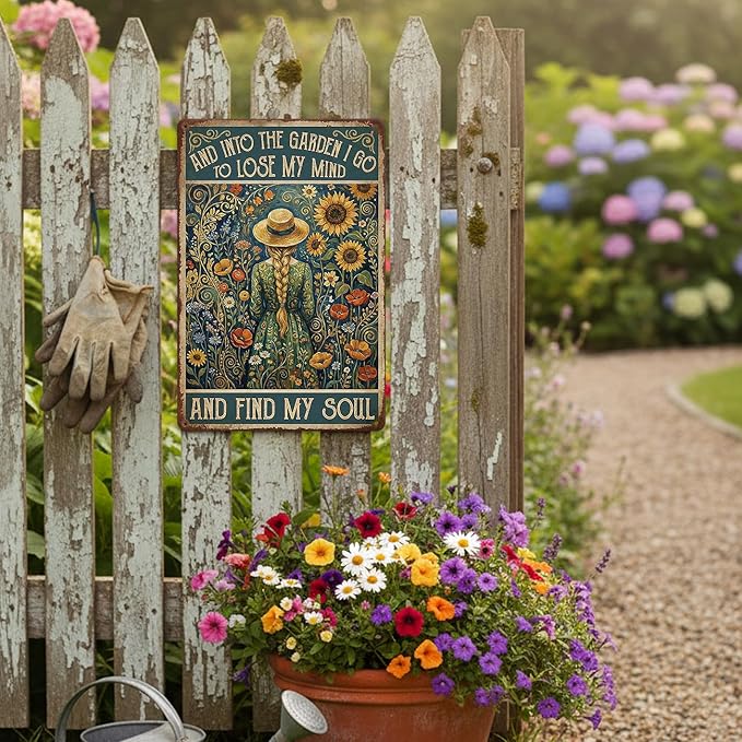 Van Gogh Style Garden Tin Sign - "Into The Garden I Go" Inspirational Metal Plaque with Sunflowers & Girl - 8x12 Aluminum Wall Decor - Metal Sign Artistic Garden Art for Shed, Gardeners, Mom, Women