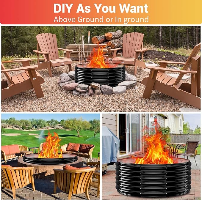39 Inch Fire Pit Ring for Outside, 17'' Tall Firepit &Outdoor Fireplace Wood Burning,Heavy Duty Galvanized Steel Fire Bowls Portable for Backyard Bonfire,Patio,Camping,Round