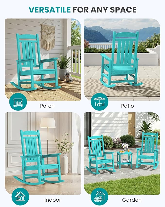 SERWALL Oversized Outdoor Rocking Chair, All-Weather Patio Rocking Chair, HDPE Porch Rocker for Adults, Aruba Blue