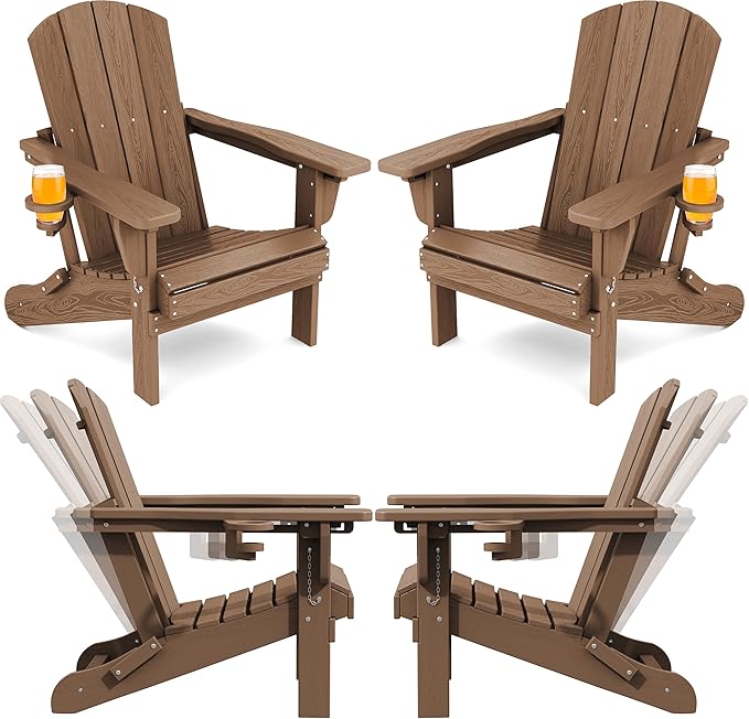 SERWALL Folding Adirondack Chair Set of 4, Reclining Adirondack Chair with 3 Recline Positions, All Weather HDPE Outdoor Adirondack, Brown