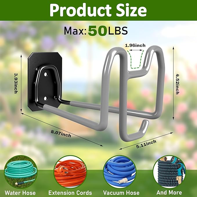 Garden Hose Holder with Hook - Heavy Duty Garden Hose Hanger with Sprayer Storage Design, Wall Mount Water Hose Storage for Outside Yard Lawn and Garage