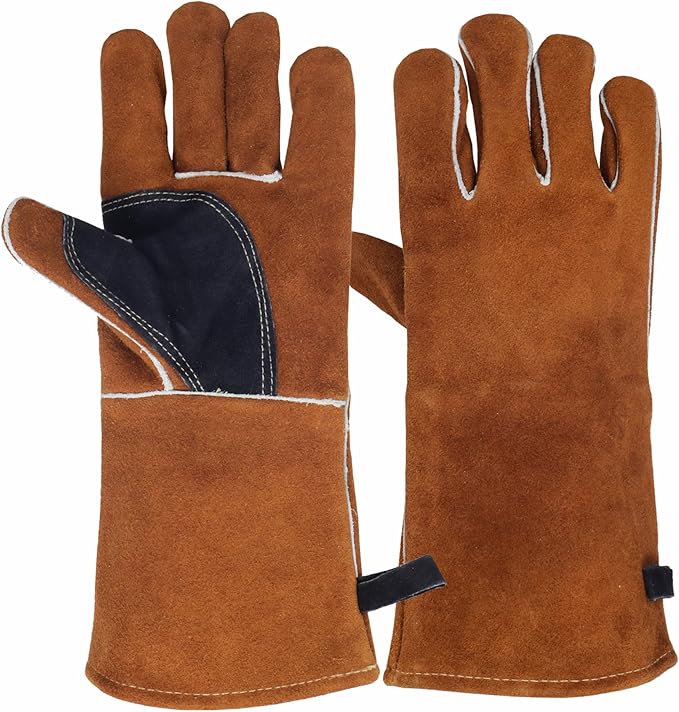 Leather Fireplace Gloves Heat Resistant for Mig,Tig welding,Stick,Forge,BBQ,Grill, Wood Stove,Fireproof Stitching