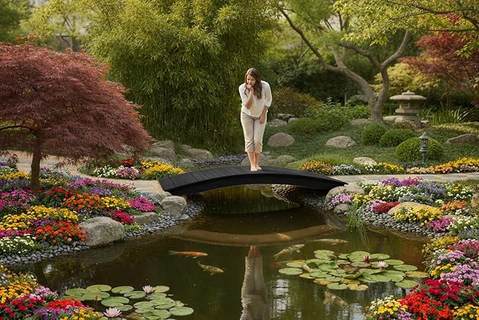 6 FT Black Amish Made Pinewood Heavy Duty Garden Bridge for Walkway, Backyard Pond & Landscaping, Outdoor Wooden Footbridge for Koi Pond, Japanese Style Decorative Bridge, Made in USA