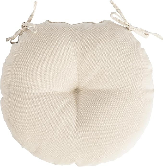 Magpie Fabrics Outdoor 15"x15"x4" Round Bistro Seat Cushions with Ties Set of 2, Tufted Waterproof Patio Floor Chair Pads for Home Garden Balcony Kitchen Office Porch, Recycled Cream White