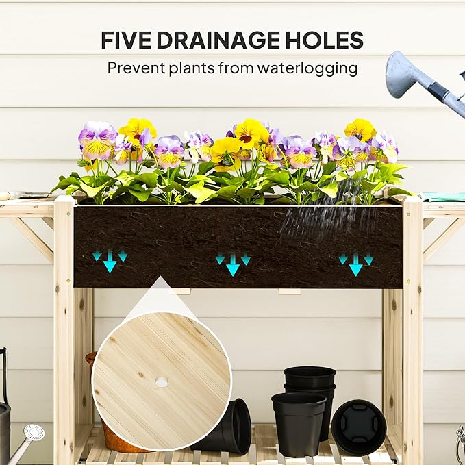 Outsunny Raised Garden Bed, 57 x 20.5 x 34 in Wood Elevated Planter Box with Lockable Wheels, Side Tables and Bottom Shelf, Outdoor Raised Planter with Bed Liner and Drainage Holes, Natural