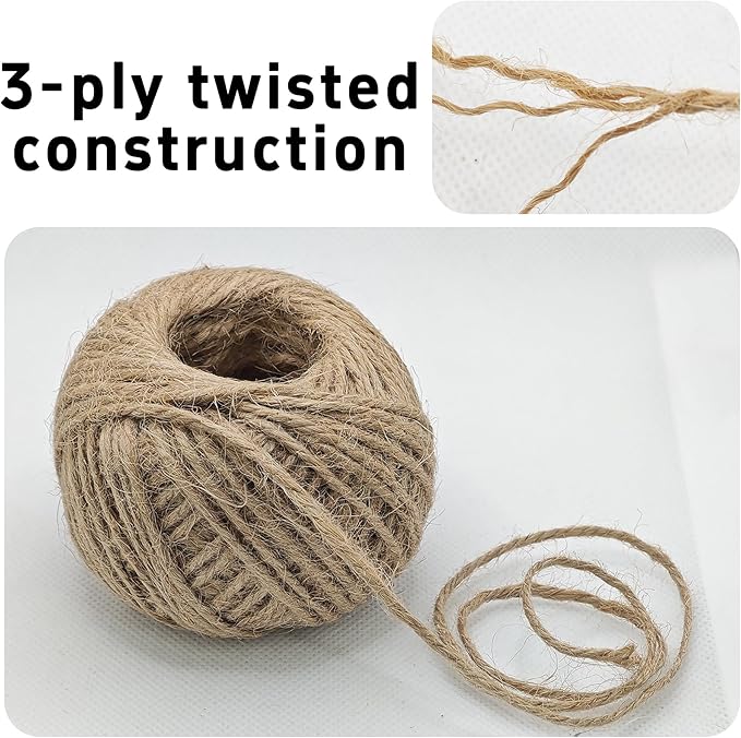 165 Feet Jute Twine- 2mm 3Ply Heavy Duty Jute Rope for Garden Plant Support, Wrapping, Craft Projects, Cat Scratching Post, DIY Home Decor & Bundling (Brown)