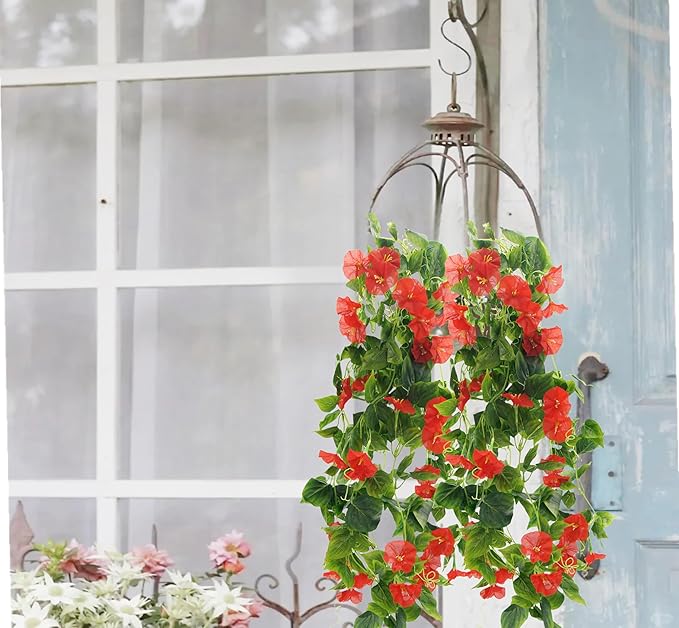FERIAL Artificial Vines 15Feet Silk Flower Garland for Outdoors Red Morning Glory Vine Artificial Flowers Hanging Plants Garland Fake Green Plant 2Pcs for Wall Fence Indoor Wedding Banquet Decor