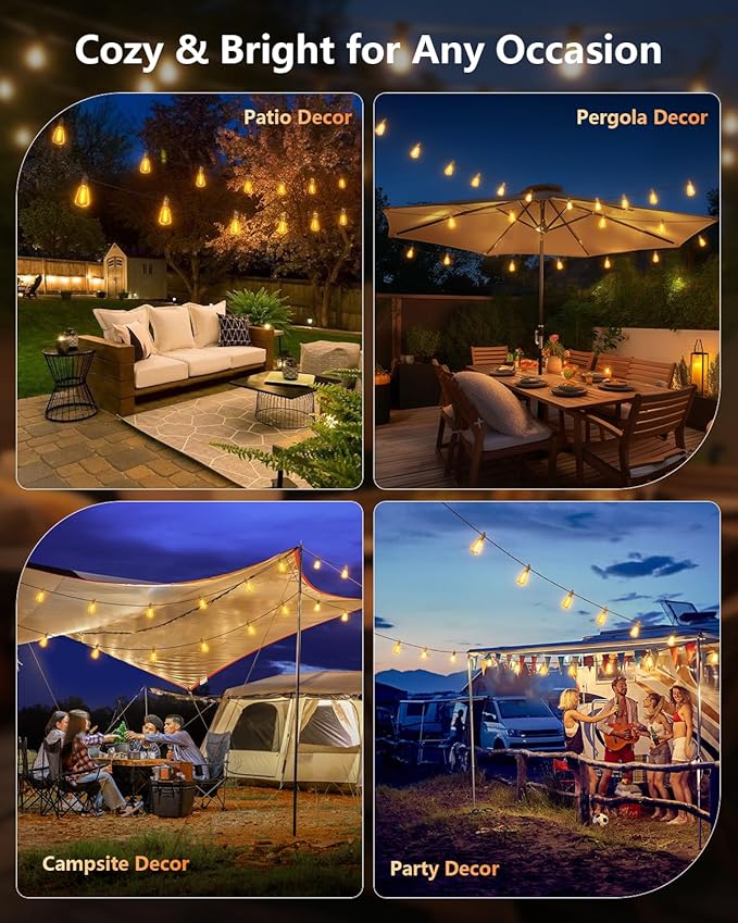 Brightown 175FT Solar String Lights Outdoor Waterproof with Remote, 56+2 LED Shatterproof Bulbs, Dimmable & Timable, 3 Light Modes - Commercial Grade Patio Lights for Garden Backyard Party Decor