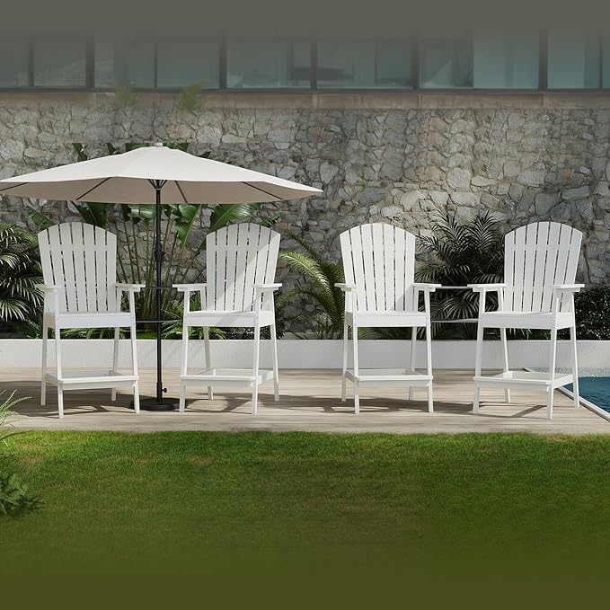 GarveeLife Outdoor Bar Height Adirondack Chairs with Connecting Tray, Balcony Chairs Adirondack for Deck, Backyard, Outdoor Tall AdirondackChairs, Patio High AdirondackChairs Set of 4
