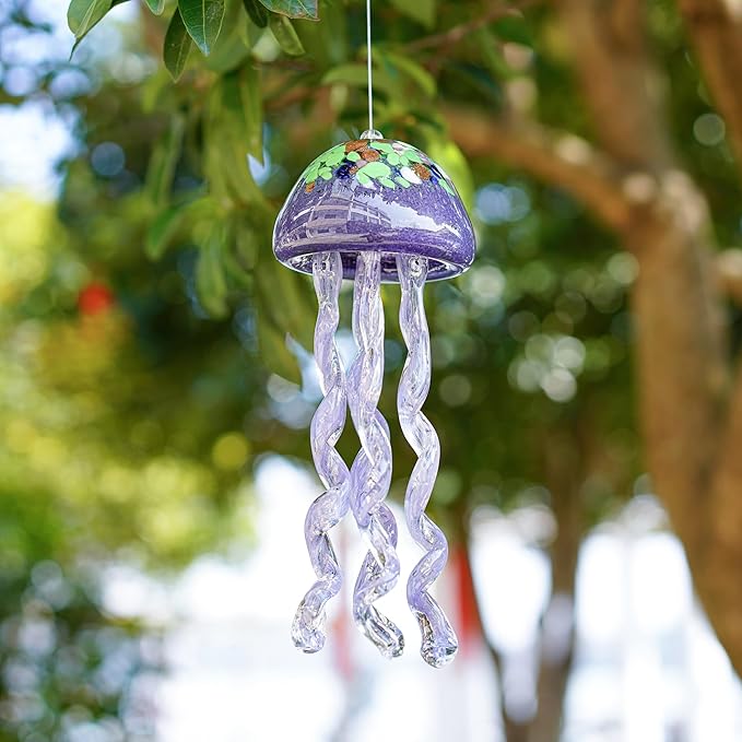 H&D HYALINE & DORA Purple Blown Glass Jellyfish Wind Chime Sea Glass Wind Chimes for Outside Jellyfish Wind Chimes Outdoor Sea Glass Decor for Patio Garden Balcony Porch(14in)