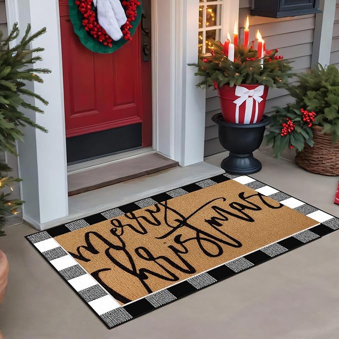 Tinideya 2 Pcs Merry Christmas Door Mat Xmas Welcome Non Slip Coir Mats Black White Buffalo Plaid Floor Layering Doormats Seasonal for Front Porch Entryway Decor(Merry Christmas)