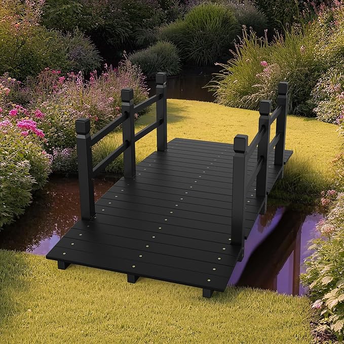 Outvita 5 ft Garden Wooden Bridge Arch Stained Finish with Safety Rails Outdoor Footbridge for Backyard Creek Farm, Decorative Pond Bridge