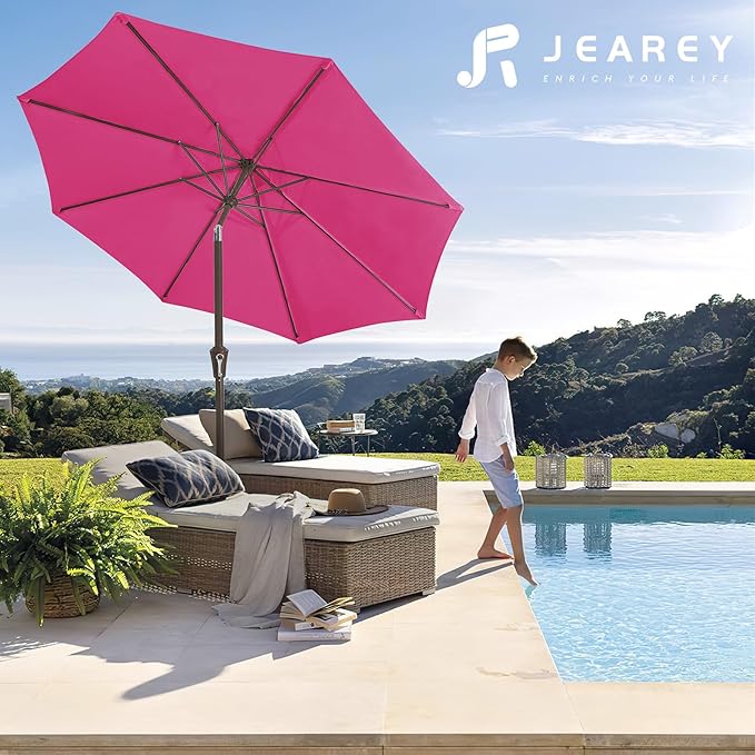 JEAREY 10FT Outdoor Patio Umbrella Outdoor Table Umbrella with Push Button Tilt and Crank, Market Umbrella 8 Sturdy Ribs UV Protection Waterproof for Pool, Garden (Rose Pink)