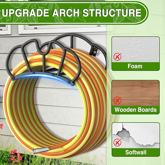 Super Stable Garden Hose Holder Wall Mount, Heavy Duty Water Hose holder Hanger Holds 125-Feet Hose, Metal Hose Storage Reel Rack Organizer for Outside Yard Lawn