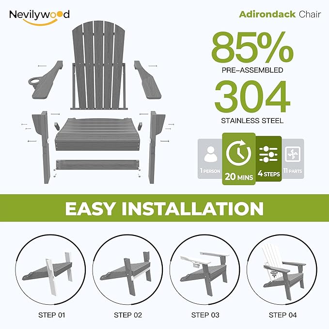 nevilywood Folding Adirondack Chair with Cup Holder Set of 4, HDPE Patio Chairs,All-Weather Outdoor Chairs for Backyard, Deck,Fire Pit-Grey