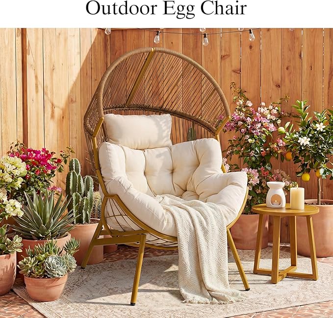 ONBRILL Egg Chair for Outdoor & Indoor, Patio Wicker Chair with Thick Cushion, Oversized Rattan Chairs for Balcony, Porch & Backyard, 550 LBS Heavy Duty & Comfy Basket Chairs for Living Room, Bedroom
