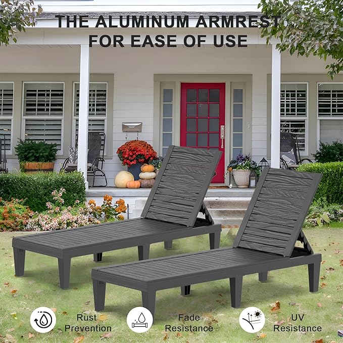 ROJIK Outdoor Chaise Lounge Chair Set of 4,with 5-Position Adjustable Backrest,Waterproof & Lightweight | Durable Indoor/Outdoor Patio Lounger Chair for Garden Pool Beach,Black