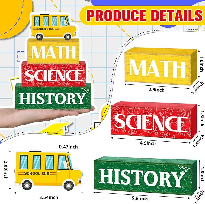 4 Pcs Back to School Table Decorations Rustic First Day of School Tiered Tray Decor Bus Wooden Sign Block Farmhouse Table Centerpiece for Home Classroom Office Shelf Teacher Students Gifts