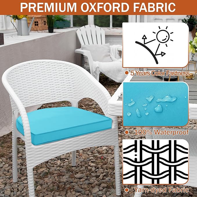 Outdoor Chair Cushions Set of 4 Waterproof Patio Chair Cushions with Tie 5 Year Color Fastness Thick Outdoor Seat Cushion for Garden Lawn Round Corner Teal 17x16 Inch