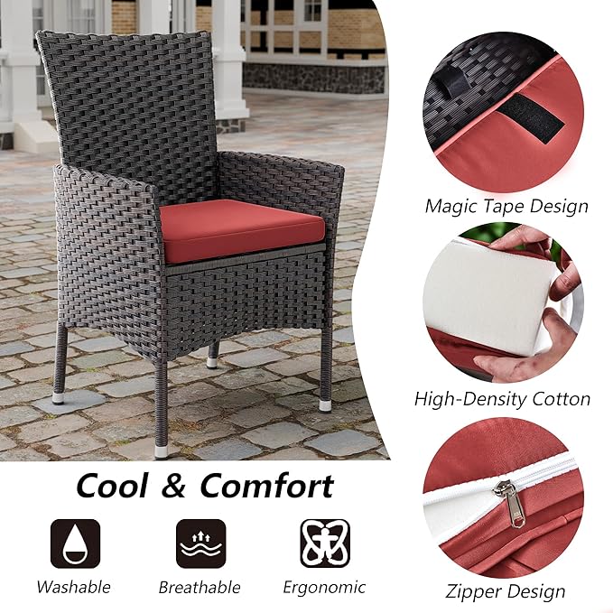 Kullavik 5-Piece Outdoor Dining Set Patio Rattan Furniture Set,Patio Dining Table and Chairs Set with 4 Chairs and Cushions,Square Glass Tabletop with Umbrella Hole for Patio,Red
