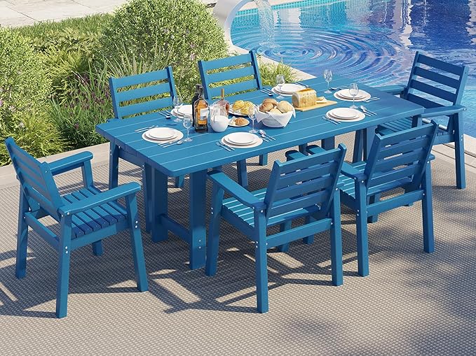 AMERLIFE 7-Piece HDPE Outdoor Dining Set with Umbrella Hole, 71" L Patio Table and Chairs Set for 6, Modern Garden Dining Set for Backyard, Poolside, Porch, Blue