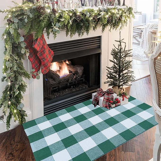 CAINANEL Green and White Buffalo Plaid Outdoor Rug Spring Door Mat Layering Rug Welcome Doormats for Spring Easter Farmhouse Entrance Porch Outdoors Decor