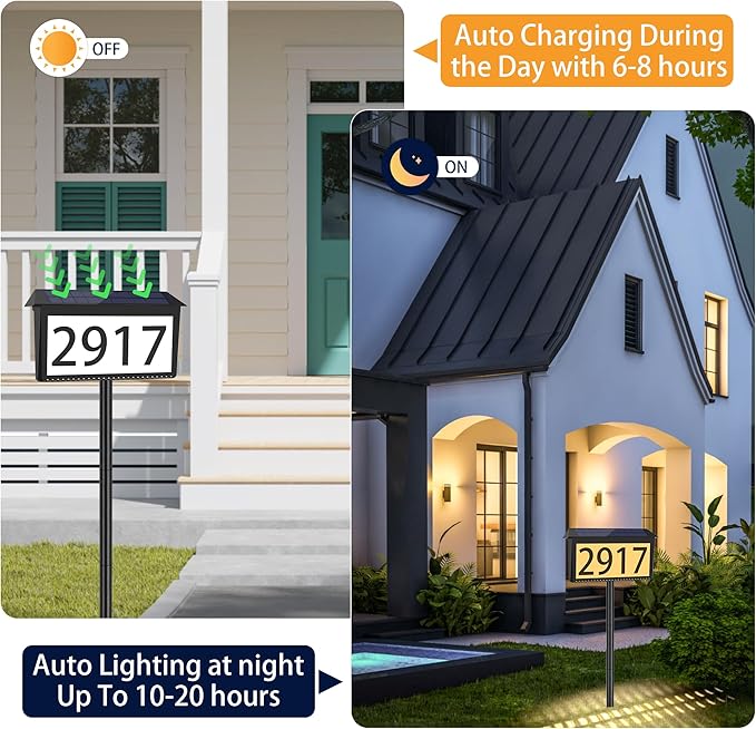 Solar Address Sign, House Numbers for Outside Light Up, 3 Colors Waterproof LED Illuminated House Numbers With Stake, Wall Mounted/In Ground Solar Powered Address Plaque for Yard Garden Home