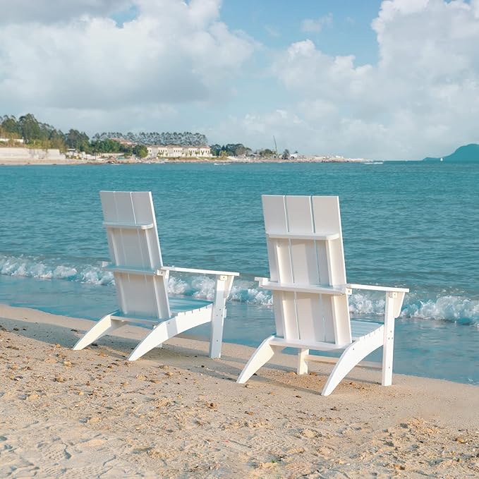 Psilvam Modern Adirondack Chairs Set of 4, Oversized Poly Lumber Fire Pit Chair, 350 Lbs Support Patio Chairs for Garden, Weather Resistant Adirondack Chair Looks Like Real Wood (4, White)