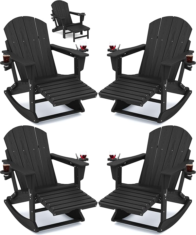 KINGYES Adirondack Rocking Chair Set of 4 with Retractable Ottoman and Cup Holders, HDPE Adirondack Rocker Patio Rocking Chair for Porch, Patio, Balcony, Black