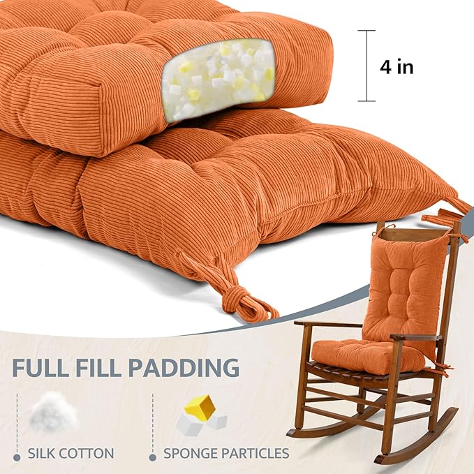 mudilun Rocking Chair Cushion Set - Non-Slip Tufted Rocking Chair Cushions with Ties Soft Indoor/Outdoor Wooden Rocking Chair Seat Pad for Porch Garden Cafe & Nursing