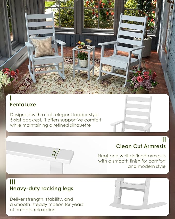 GREENVINES Outdoor-Rocking-Chair | HDPE Plastic | Patio Rockers | Porch Rocker Chairs | Shaker | Oversized | High Ladder Back | Big & Tall | PentaLuxe | White