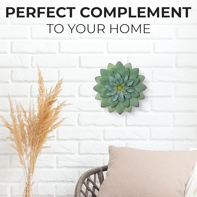 Everydecor Succulent Metal Flowers Wall Decor – Green, Hand Painted, 3D Flower Art Decoration for Living Room, Bedroom, Kitchen, Bathroom - Floral Decor for Indoor & Outdoor Use