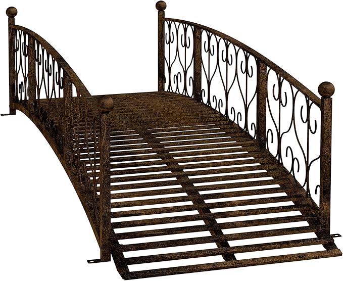 Outsunny 7' Metal Arch Garden Bridge with Safety Siderails, Decorative Arc Footbridge with Delicate Scrollwork S Motifs for Backyard Creek, Stream, Fish Pond, Bronze