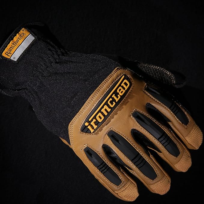 Ironclad Ranchworx Work Gloves RWG2, Premier Leather Work Glove, Performance Fit, Durable, Machine Washable, (1 Pair), RWG2-06-XXL,Black/Tan