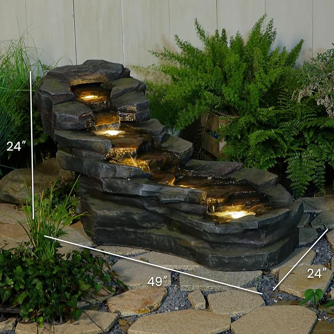 49" L Water Fountain Outdoor 5-Tiers Rock Natural Waterfall Fountains Floor Standing Water Features with LED Lights for Garden, Patio, Porch, Home Art Decor