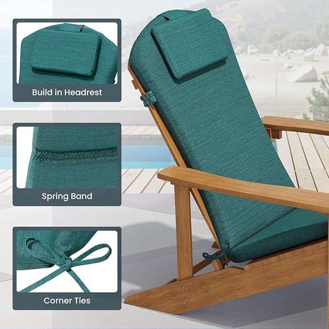 Crestlive 50x20 Inch Adirondack Chair Cushion with Headrest, Water Repellent, Fade Resistant, High Back Outdoor Rocking Chair Cushion for Patio, Malachite
