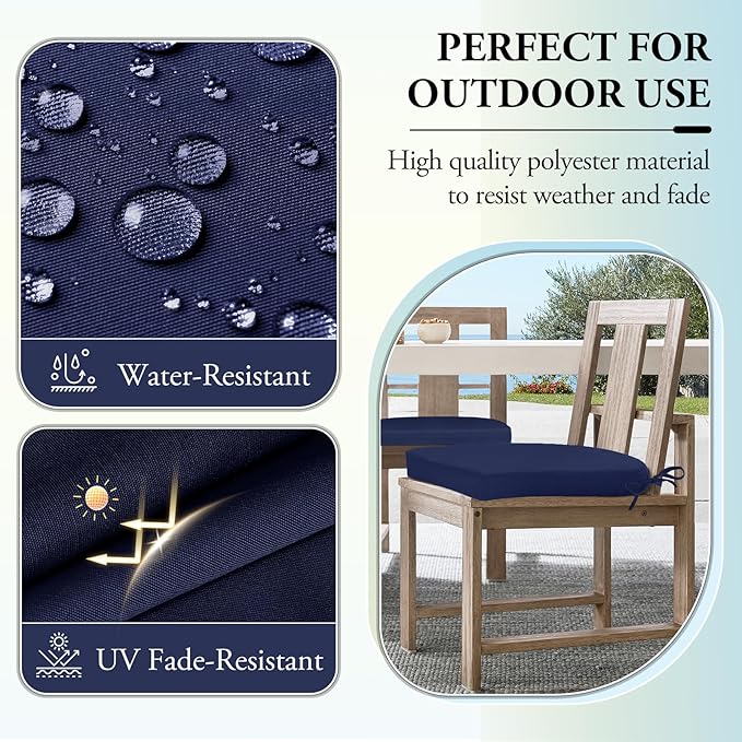 Wellsin Outdoor Chair Cushions for Patio Furniture - Patio Chair Cushions Set of 6 - Water Resistant Round Corner Outdoor Seat Cushions 17"X16"X2", Navy
