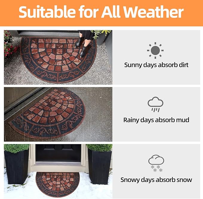 Half Circle Door Mat Outdoor, Front Door Rug Indoor Outside Entrance, Absorbent Heavy Duty Doormat Non Slip Backing, Half Round Rug for Entryway, 24x36, Brick Print