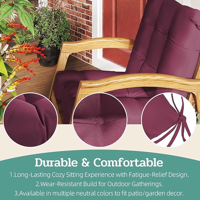 Outdoor Chair Cushions Set of 2, 42x21x4 Inch Patio Cushion for Dining/Rocking Chairs, High Back Soft Seat Pad with Ties, Indoor Outside Use, Fade-Resistant & Waterproof, Burgundy