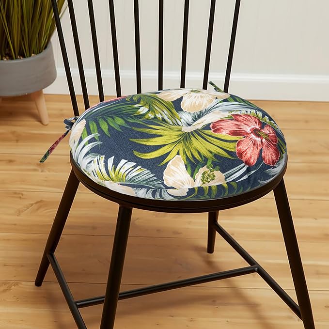Magpie Fabrics Outdoor Round Bistro Seat Cushions with Ties, 15"x15"x4" Set of 2, Tufted Waterproof Barstool Chair Pads for Patio Home Garden Office, Midnight Floral