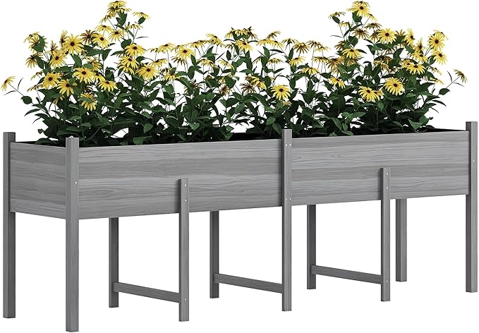 Outsunny Wooden Raised Garden Bed with Legs, Large Elevated Planter Box with Bed Liner and Drain Holes for Vegetables Flowers Herbs, Outdoor and Indoor, 7.4' x 1.8' x 2.6', Gray