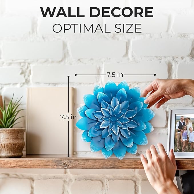 Everydecor Succulent Metal Flowers Wall Decor – Blue, Hand Painted, 3D Flower Art Decoration for Living Room, Bedroom, Kitchen, Bathroom - Floral Decor for Indoor & Outdoor Use
