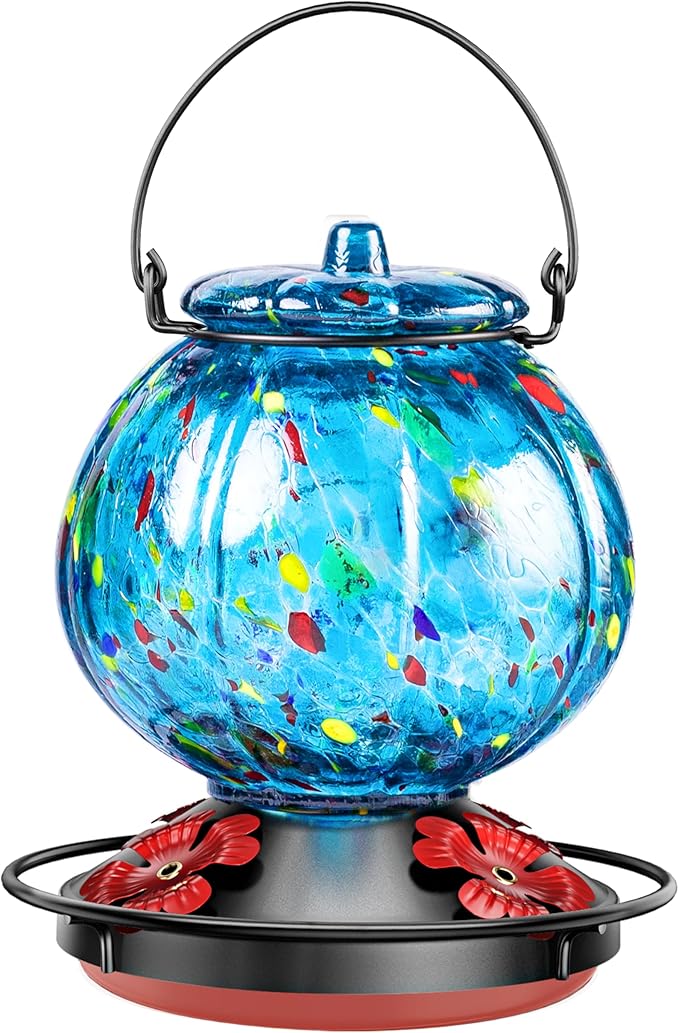 Hummingbird Feeder for Outdoors – Hand Blown Blue Glass Bird Feeder, Leakproof, Easy to Fill & Clean, 25 Ounces, Colorful Spotted Pumpkin Shape Decorative Hanging Gift for Her