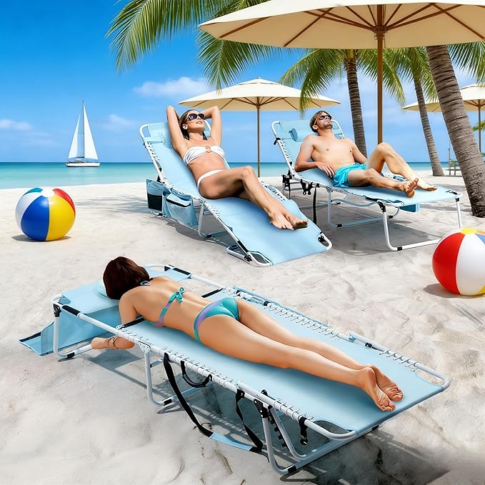 Bonnlo Oversized Folding Tanning Chair with Face Hole & Carrying Bag,Beach Lounge Chair Outdoor for Adults, Portable Sunbathing Recliner,Laying Out Chairs for Tanning Lounger Outside,Supports 265 lbs