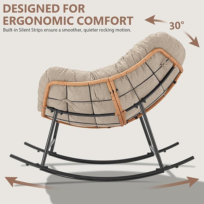 Outdoor Rocking Chair, Oversized Papasan Reading Chair Indoor with Thick Cushion, Comfy Rattan Rocker Egg Chair for Patio, Garden, Balcony, Lawn, Backyard, Bedroom, up to 450lbs, Beige